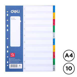 Разделитель пластиковый Deli для папок А4, 10 разделов, 5 цветов
