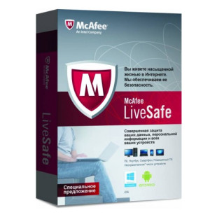 Антивирус McAfee LiveSafe, на неограниченное число пользователей, подписка на 12 месяцев, box