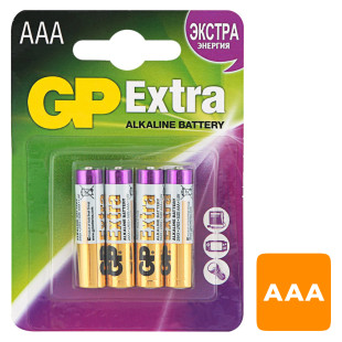 Батарейки GP Extra мизинчиковые АAA LR03 24AX, 1.5V, алкалиновые, 4 шт./уп, цена за упаковку