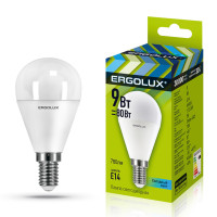 Жарықдиодты шам Ergolux LED-G45-9W-E14-4K, 9 Вт, 4000К, суық ақ жарықты, E14, шар пішінді