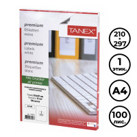 Этикетка самоклеящаяся TANEX, A4, размер 210*297 мм, 1 этикетка, 100 листов