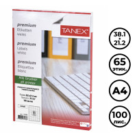 Этикетка самоклеящаяся TANEX, A4, размер 38,1*21,2 мм, 65 этикеток, 100 листов