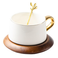 Чашка для кофе Mycup*CN, 220 мл, блюдце, ложка, керамика-дерево,бело-коричневый
