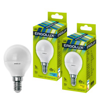 Жарықдиодты шам Ergolux LED-G45-7W-E14-3K, 7 Вт, 3000К, жылы ақ жарықты, E14, шар пішінді