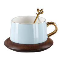 Чашка для кофе Yiwumart, 220 мл, блюдце, ложка, керамика-дерево, голубой-коричневый