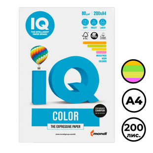 Бумага IQ Color Neon, А4, 80 г/м2, 200 листов, 4 цвета