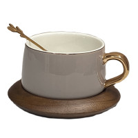 Чашка для кофе Yiwumart, 220 мл, блюдце, ложка, керамика-дерево, кремовый-коричневый