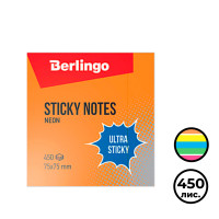 Блок самоклеящийся 75*75 мм, Berlingo "Ultra Sticky", 5 неоновых цвета + 1 белый, 450 листов
