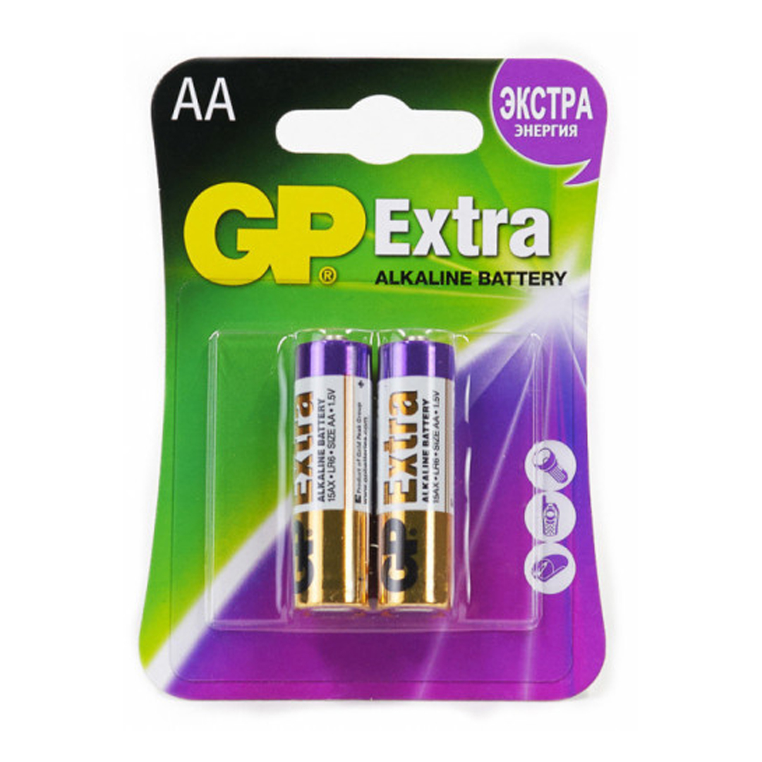 Батарейки GP Extra пальчиковые АA LR6 15AX, 1.5V, алкалиновые, 2 шт./уп, цена за упаковку