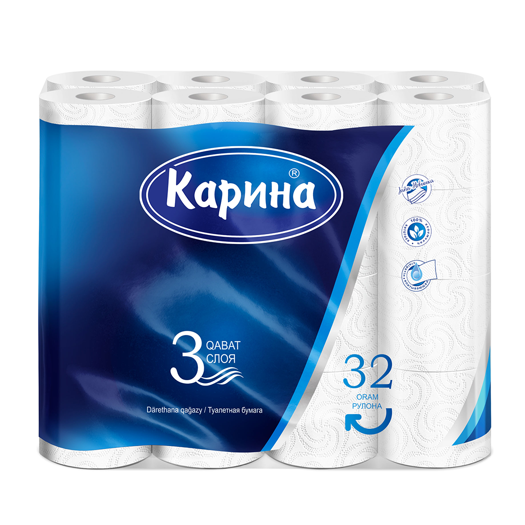 Купить Туалетная бумага рулонная Карина, 3-х слойная, 32 рулона, белая ...