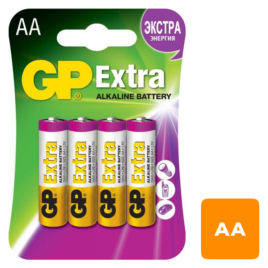 Батарейки GP Extra пальчиковые АA LR6 15AX, 1.5V, алкалиновые, 4 шт./уп, цена за упаковку