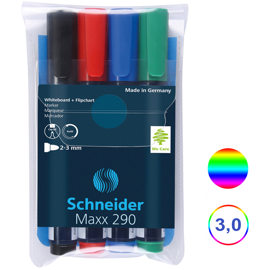 Набор маркеров для доски и флипчартов Schneider "Maxx 290", пулевидный 3 мм, ассорти, 4 цвета