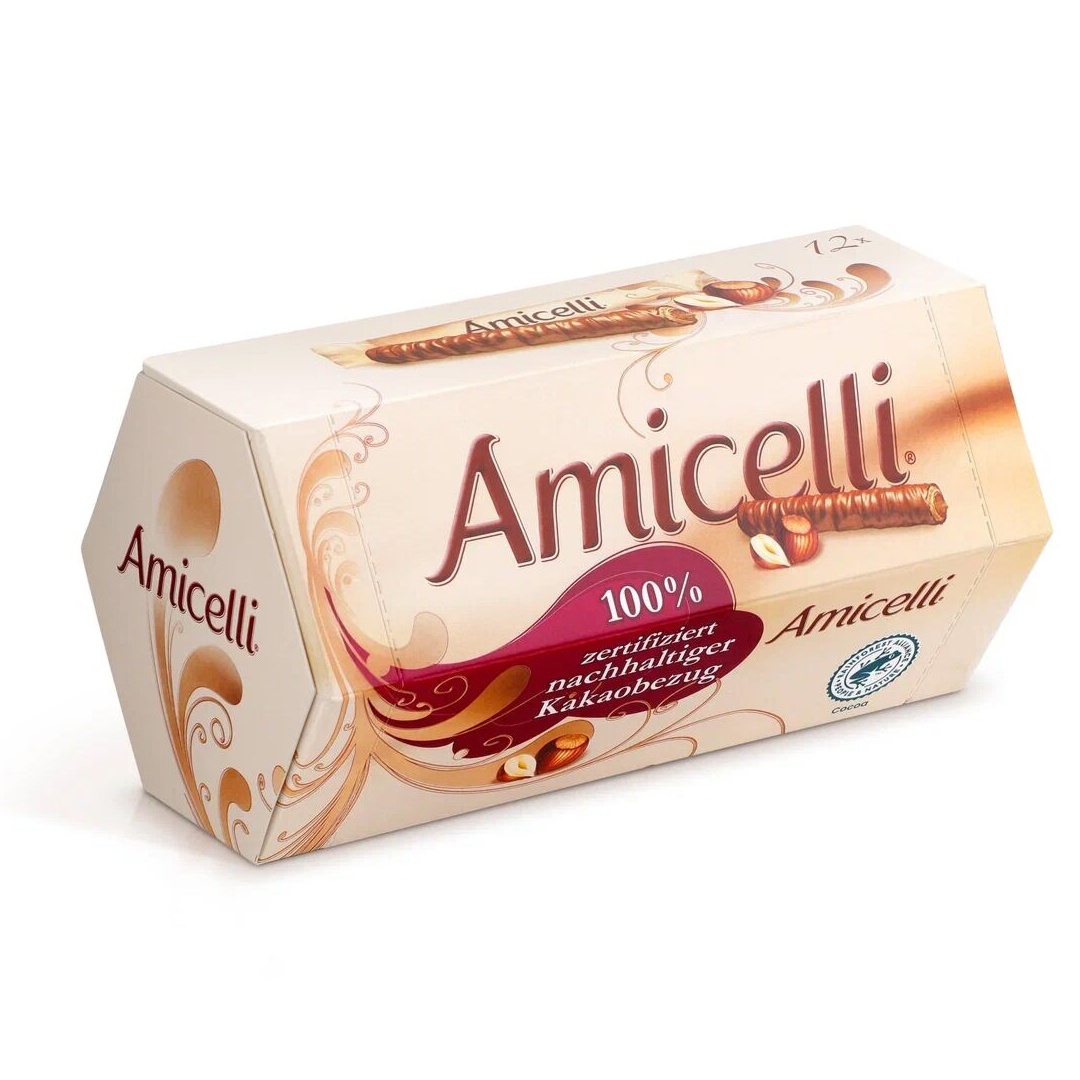 Трубочки вафельные Amicelli с ореховым кремом в молочном шоколаде, 150 гр