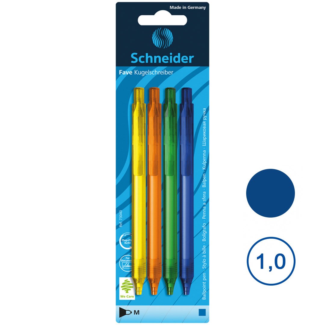 Набор автоматических шариковых ручек Schneider "Fave", 1 мм, 4 шт в упаковке, синие